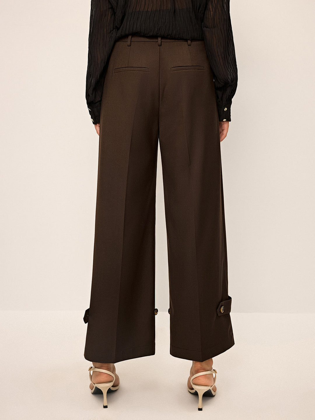 Pleated Wide-Leg Pants with Ankle Button Detail