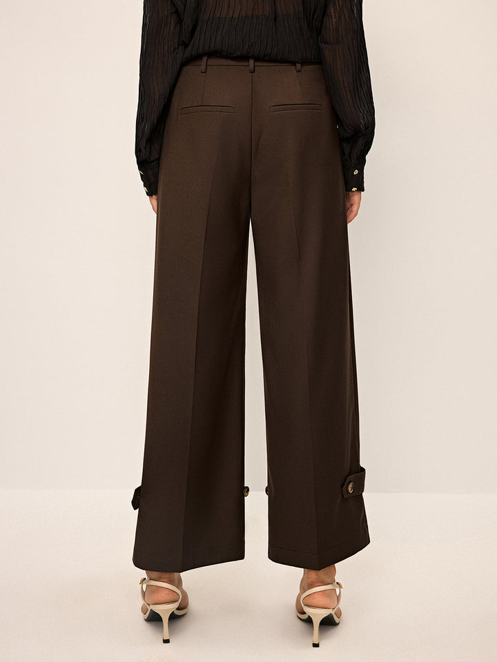 Pleated Wide-Leg Pants with Ankle Button Detail