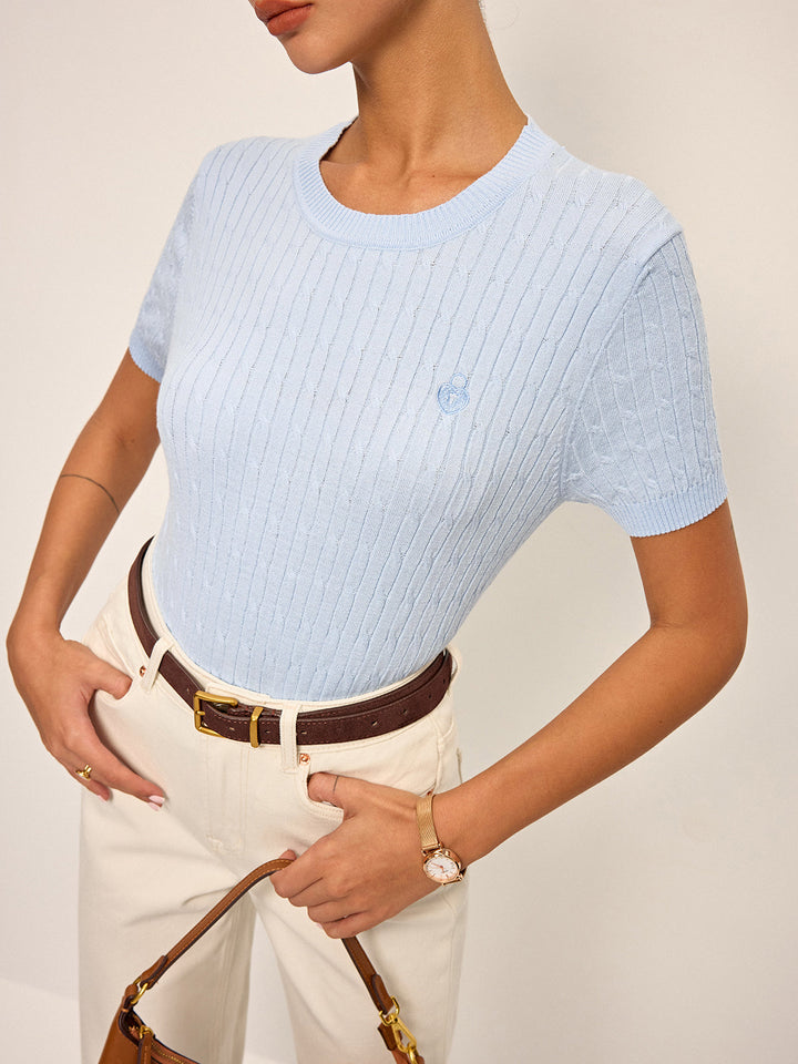 Heart Embroidered Crew Neck Cable Knit Top