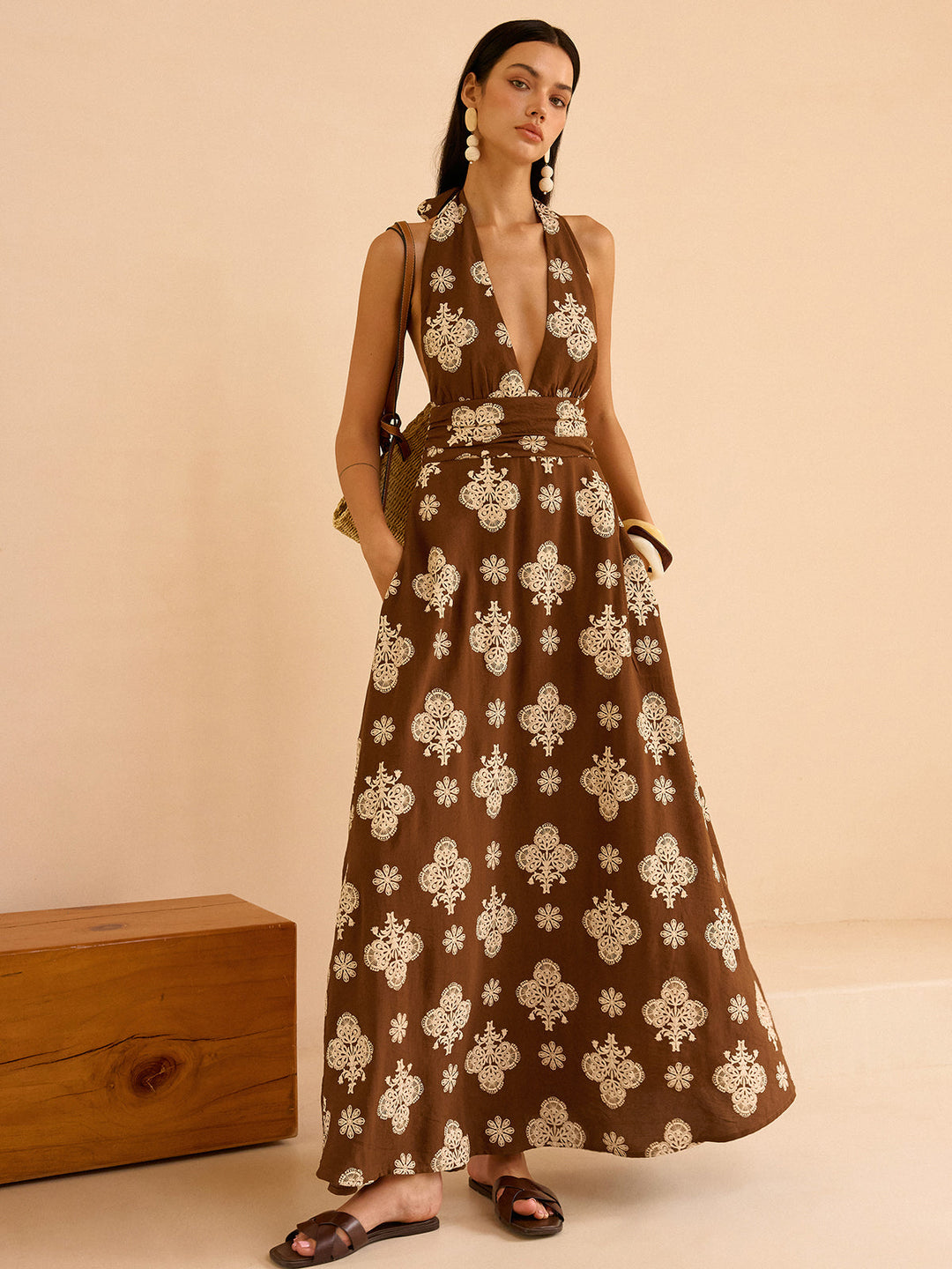 Floral Print Pocketed Halter Neck Maxi Dress