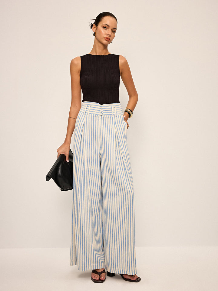 Cotton Striped Pleated Wide-Leg Pants