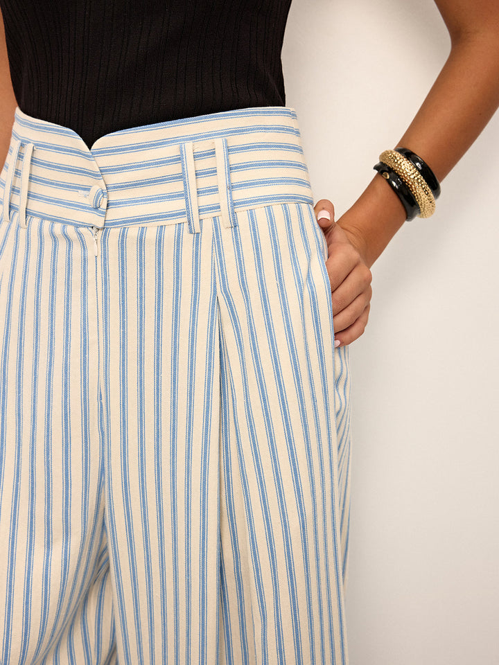 Cotton Striped Pleated Wide-Leg Pants
