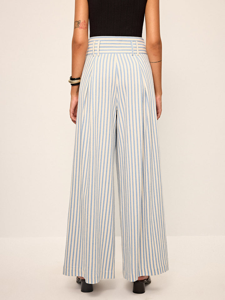Cotton Striped Pleated Wide-Leg Pants