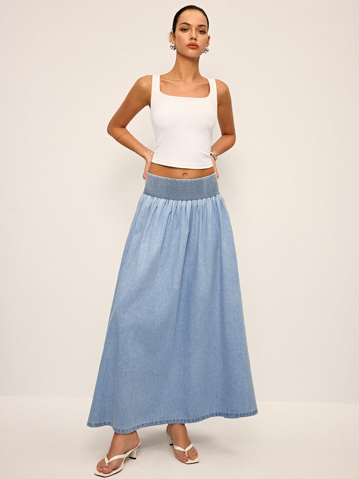Smocked Waistband Denim Maxi Skirt