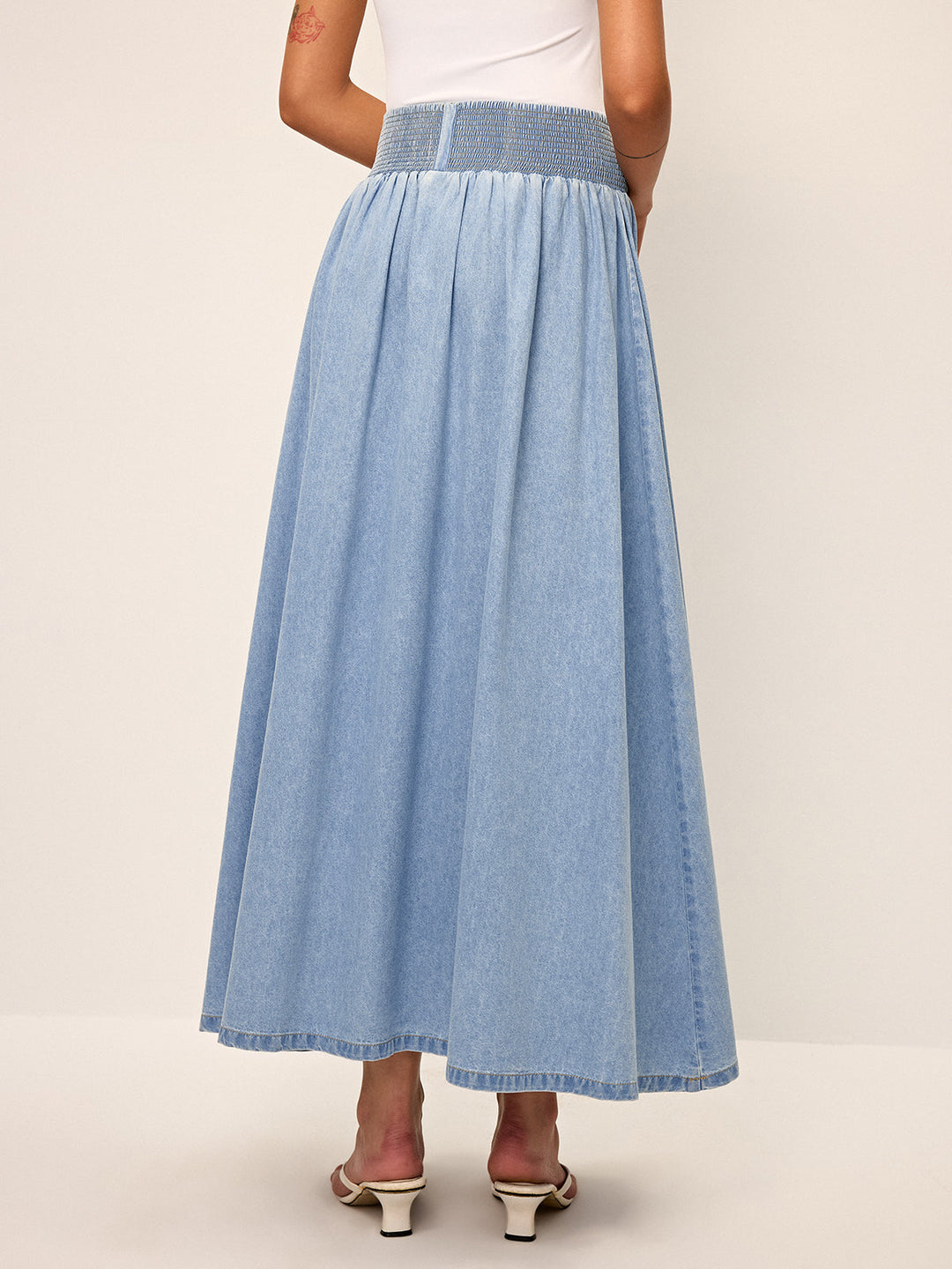 Smocked Waistband Denim Maxi Skirt