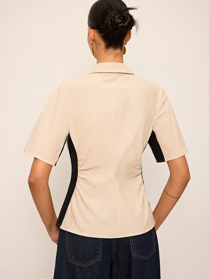 Cotton & Linen Contrast Trim Ruched Shirt
