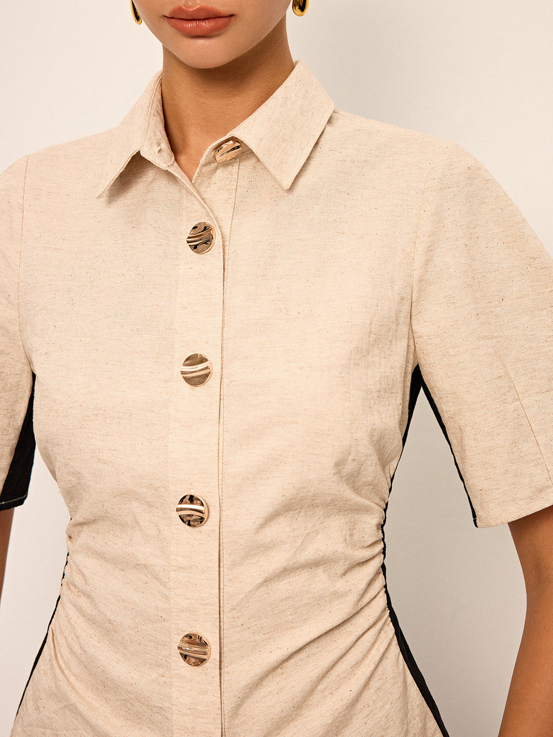 Cotton & Linen Contrast Trim Ruched Shirt