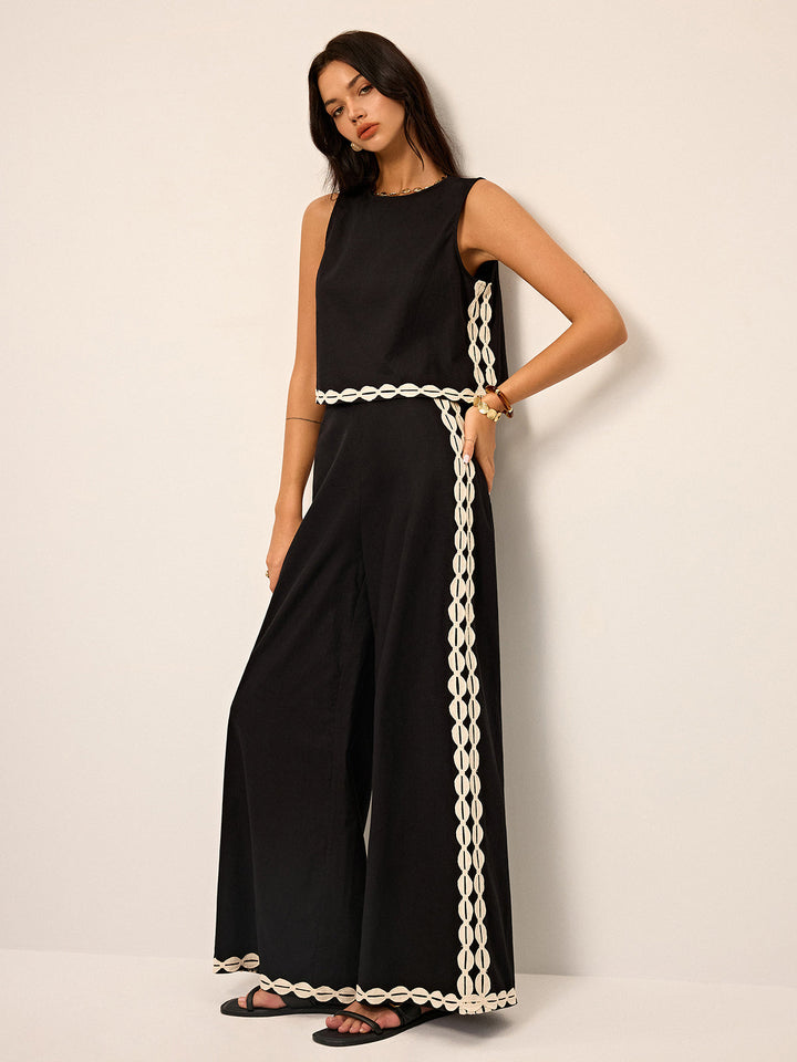 Cotton & Linen Contrast Trim Pants Set