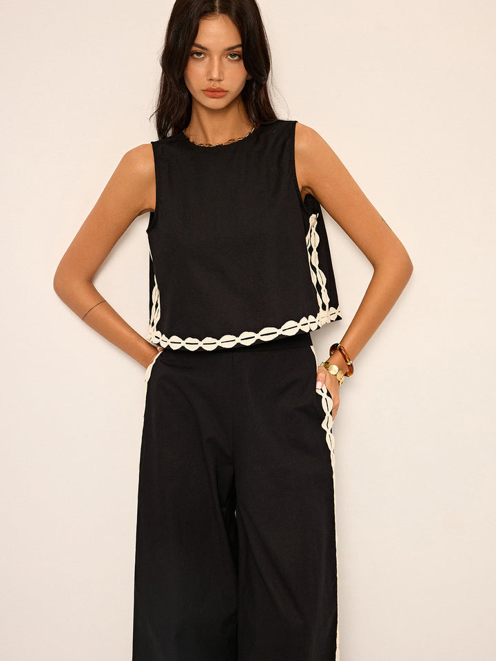 Cotton & Linen Contrast Trim Pants Set