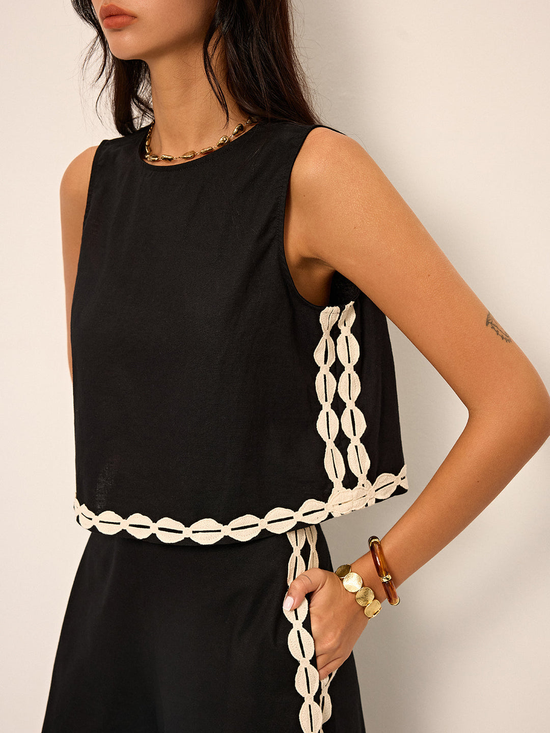 Cotton & Linen Contrast Trim Pants Set