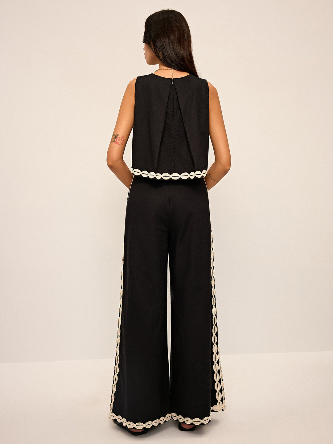 Cotton & Linen Contrast Trim Pants Set