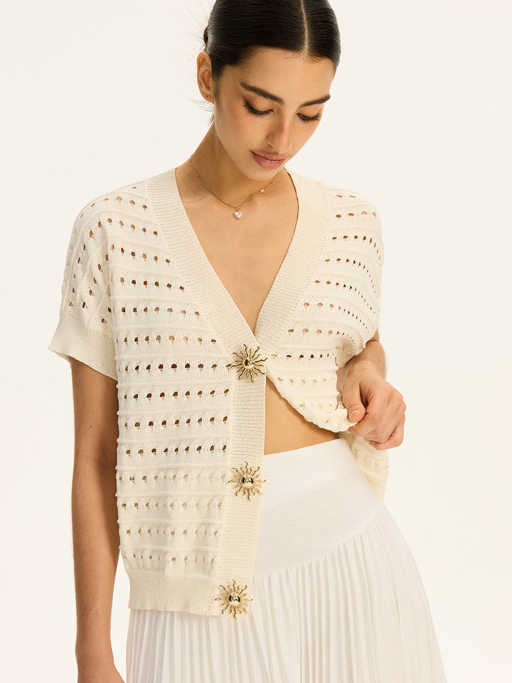 Eyelet Knit Metal Button V-Neck Cardigan