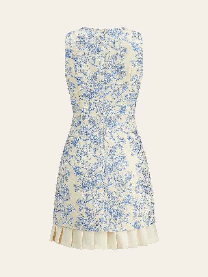 Floral Printed Sleeveless Dress with Pleated Hem