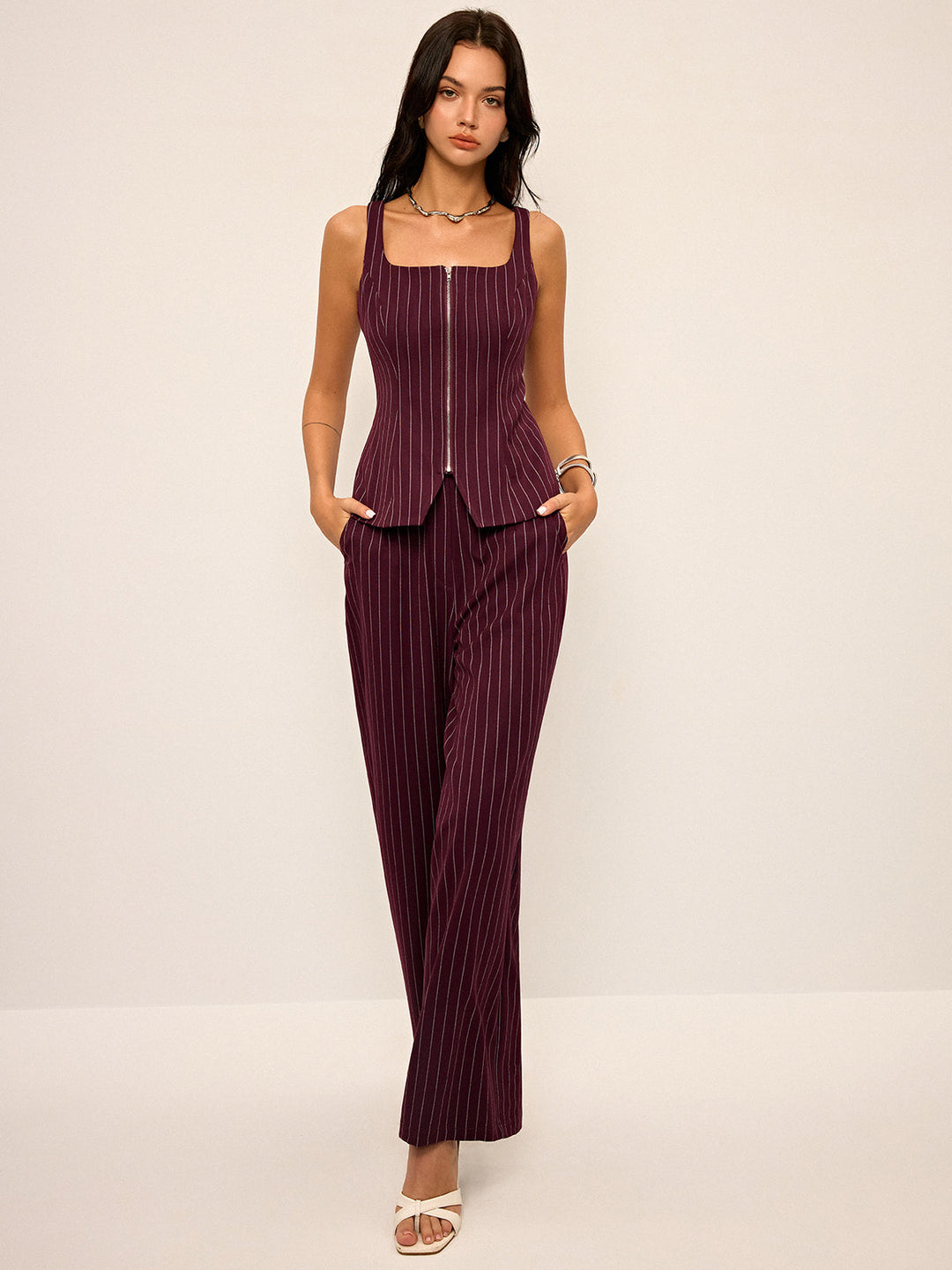 Pinstripe Wide-Leg Straight Pants