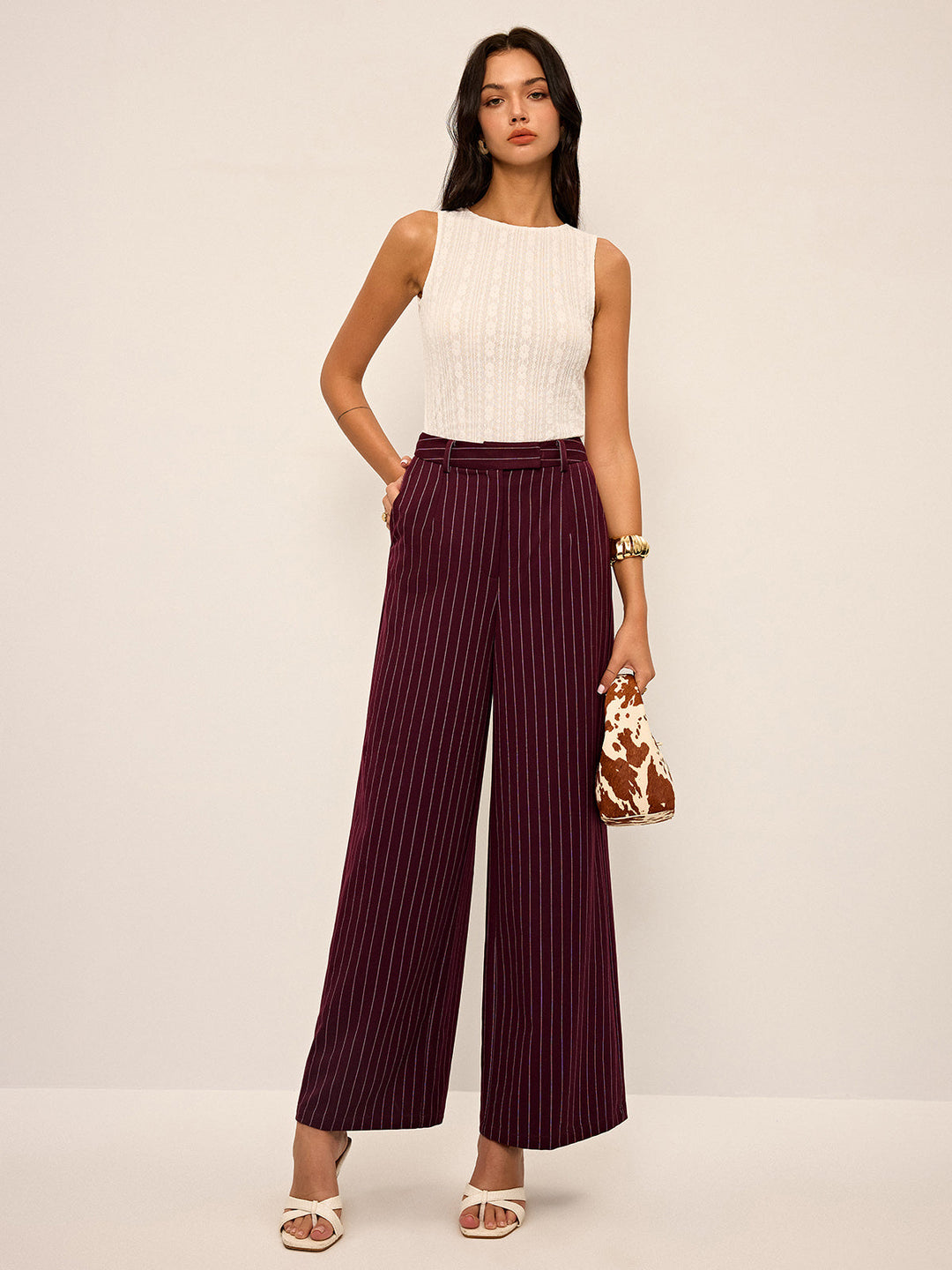 Pinstripe Wide-Leg Straight Pants