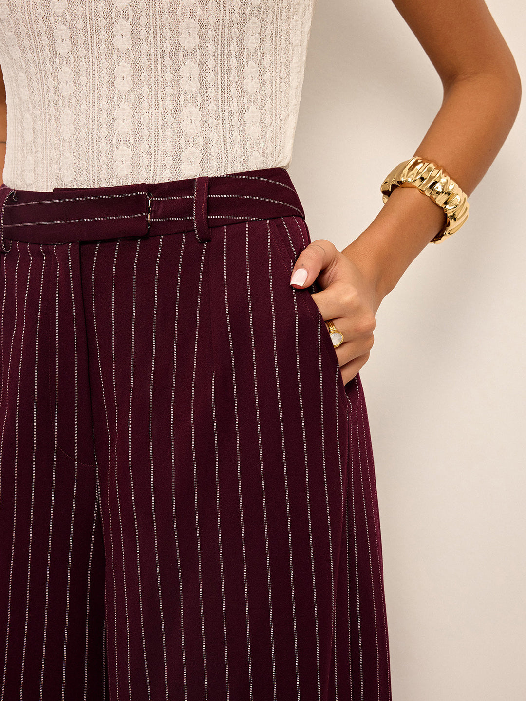 Pinstripe Wide-Leg Straight Pants