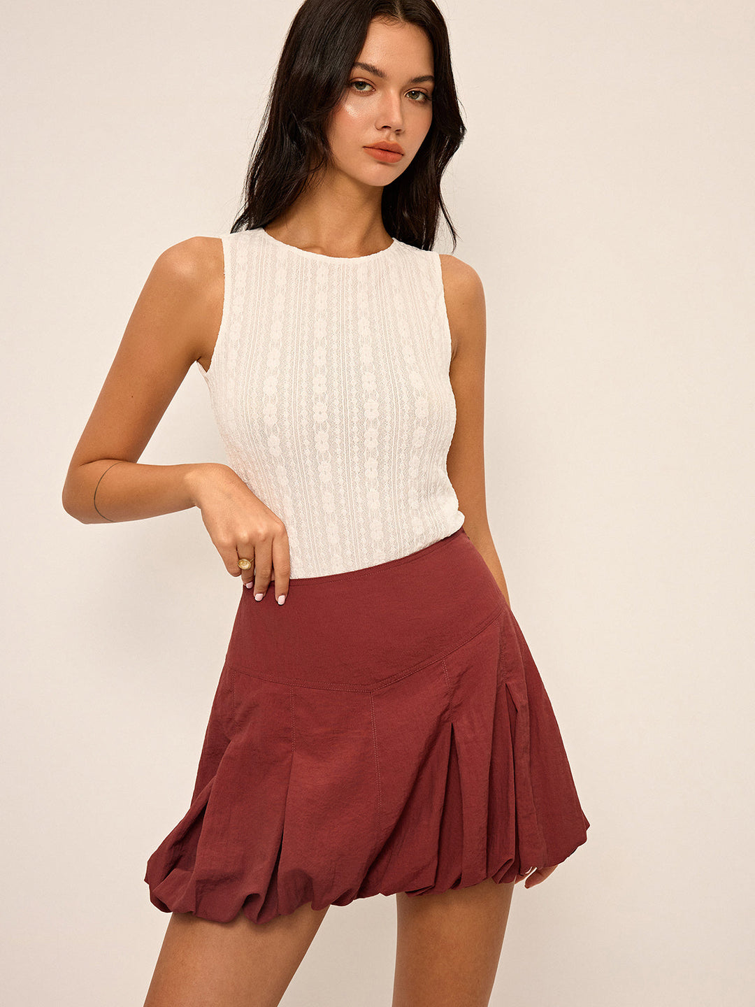 Mid-Waisted Pleated Bubble Hem Mini Skirt