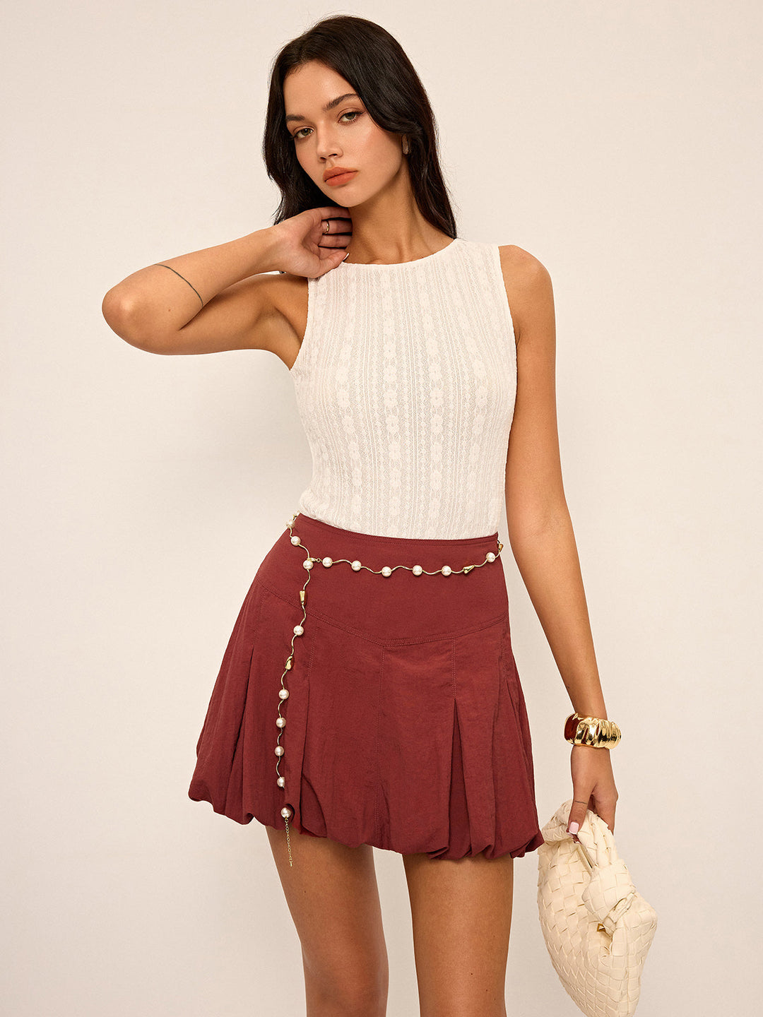 Mid-Waisted Pleated Bubble Hem Mini Skirt