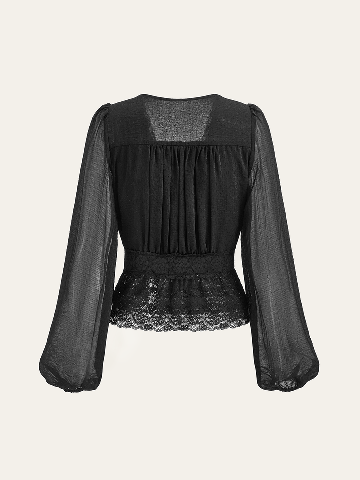 Semi-Sheer Lace Trim Pearl Button Top