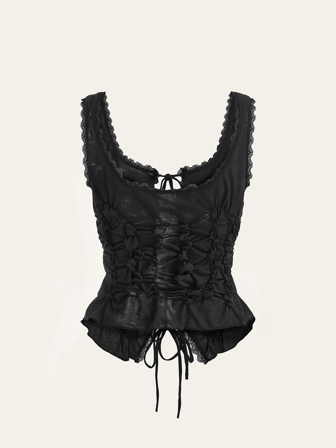 Semi-Sheer Lace-Trimmed Ruched Corset Top