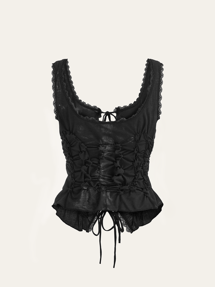 Semi-Sheer Lace-Trimmed Ruched Corset Top