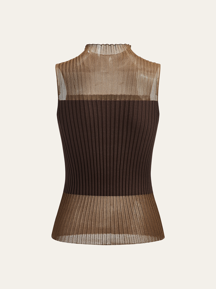 Mock Neck Sheer Paneled Sleeveless Top