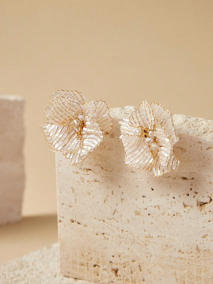 Beaded Flower-Shaped Statement Earrings