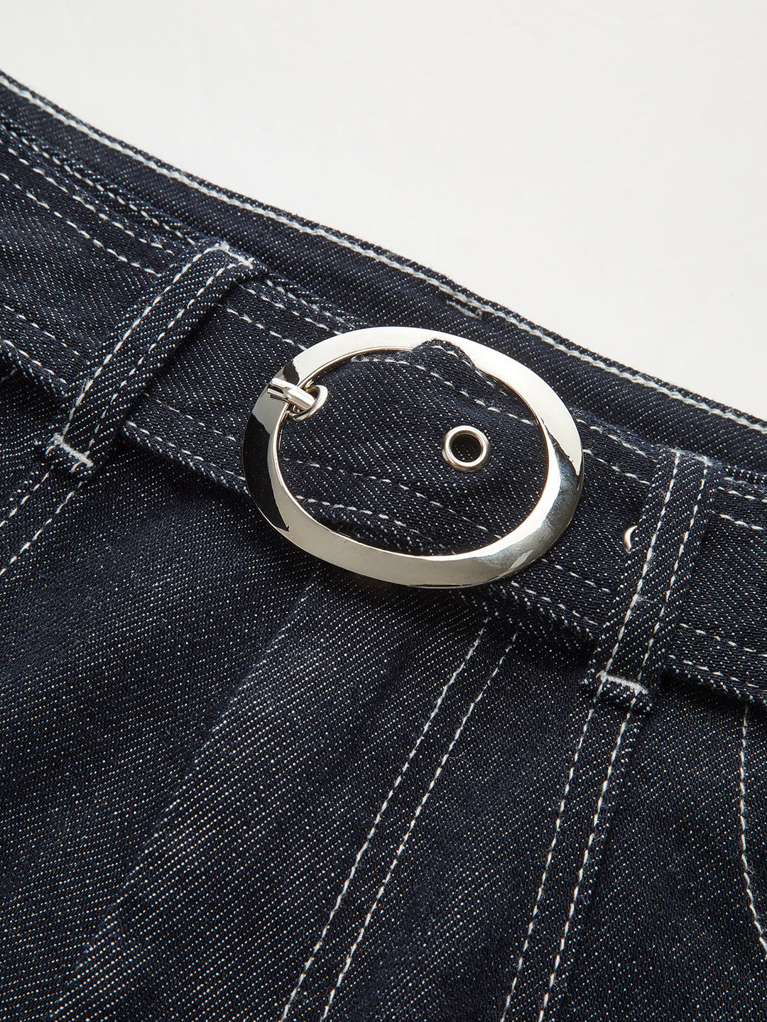 Denim Contrast-Stitch Pants with Belt