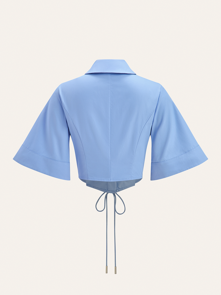 Lace-Up Waist Flare Sleeve Cropped Blouse