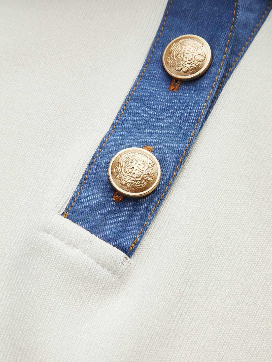 Denim-Collar Buttoned Polo Knit Midi Dress