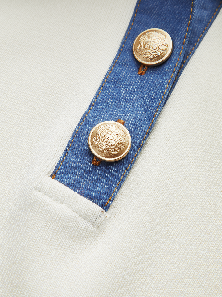 Denim-Collar Buttoned Polo Knit Midi Dress