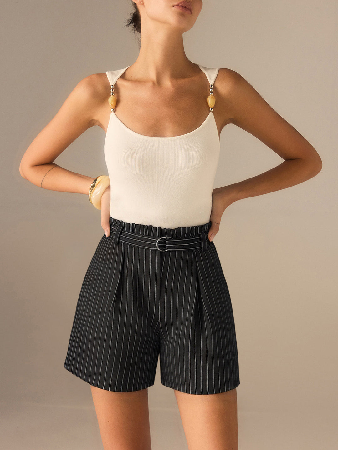 Belted Striped Shorts
