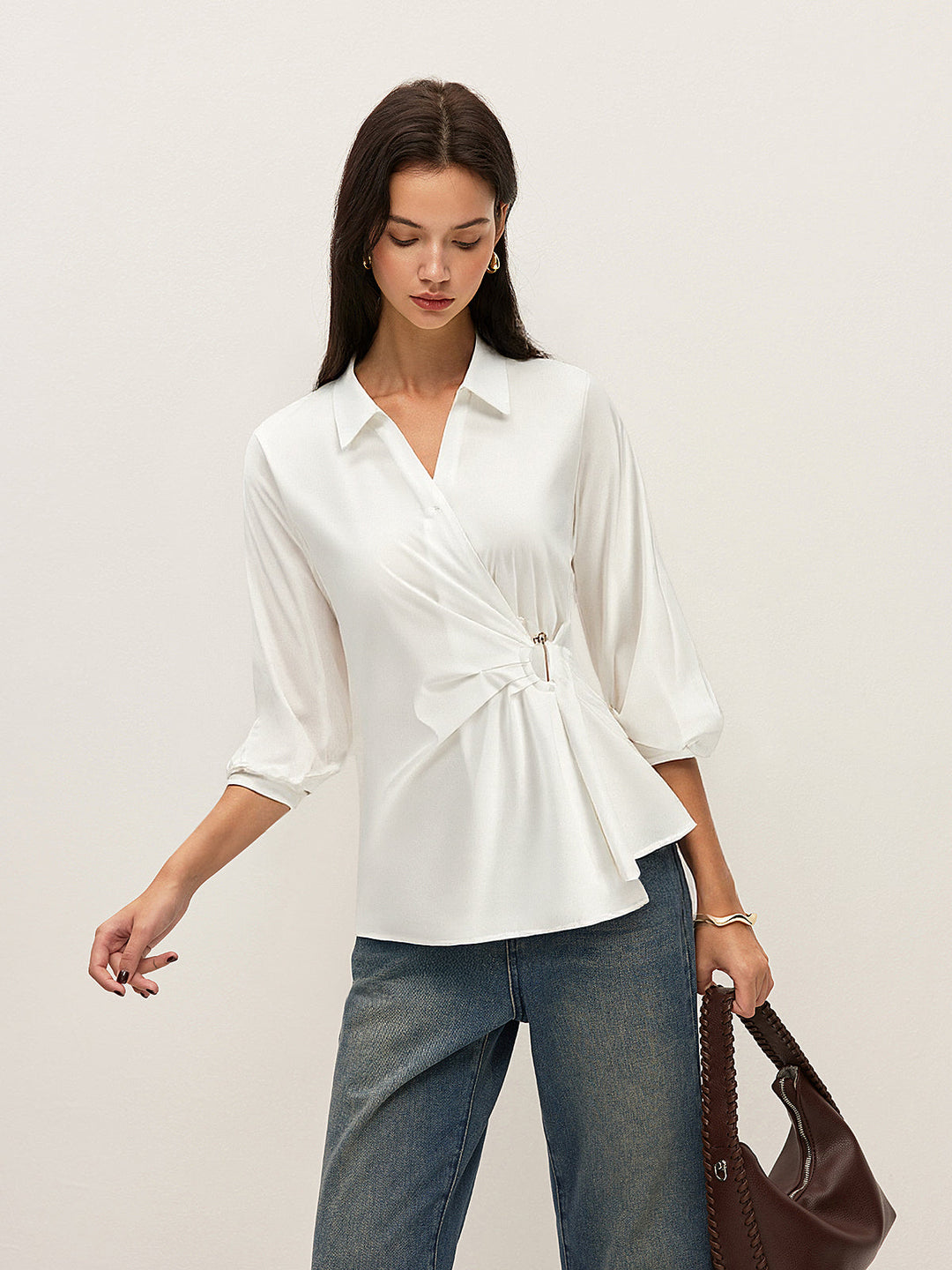 Asymmetric Wrap Shirt with Metal Buckle