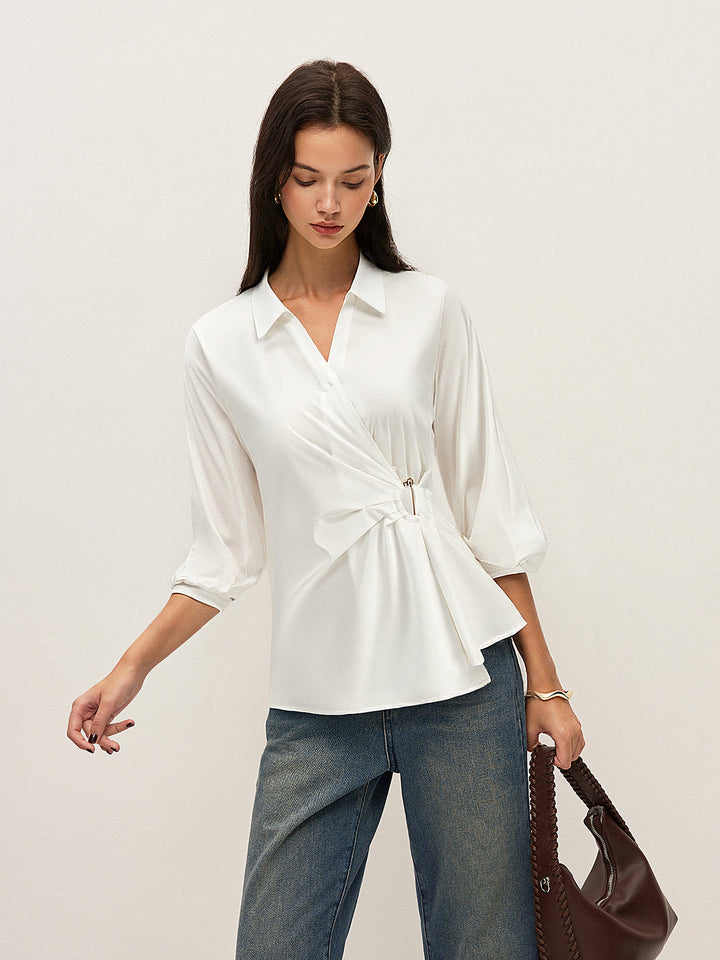 Asymmetric Wrap Shirt with Metal Buckle