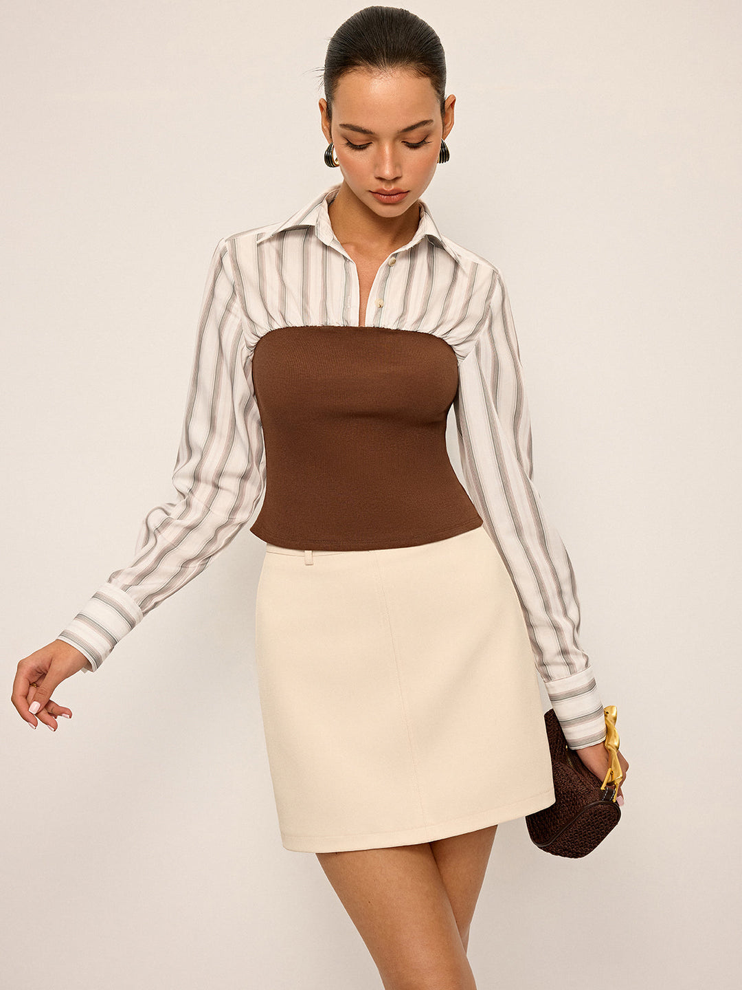 2 in 1 Ribbed Knit and Striped Contrast Shirt