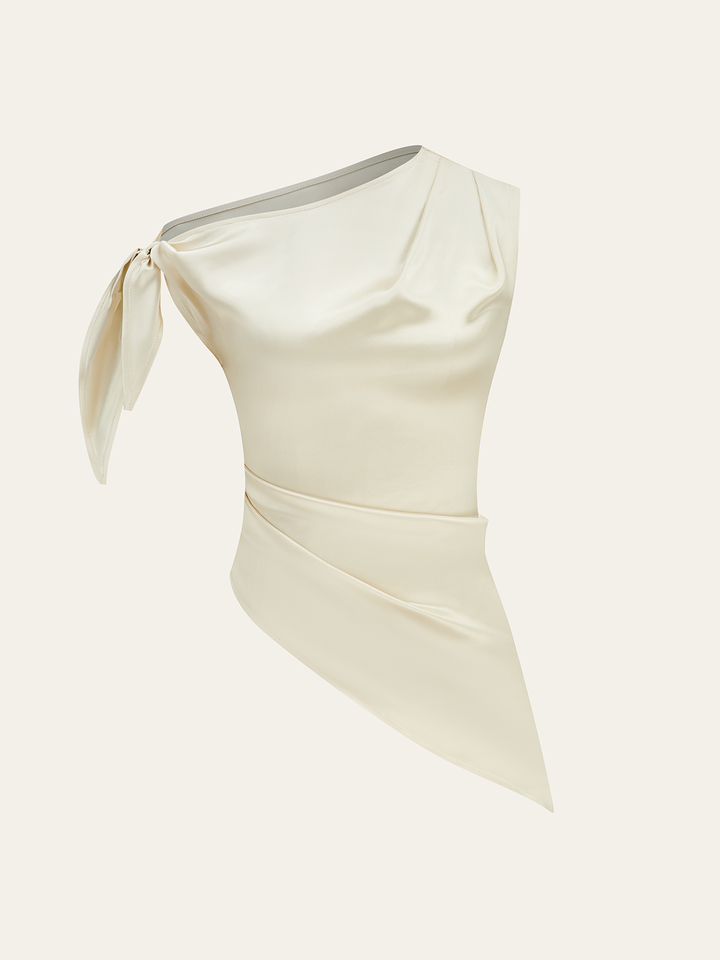One-Shoulder Asymmetric Hem Top with Bow Detail