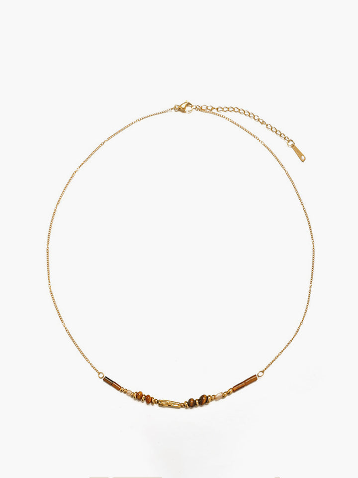 Tiger Eye Stone Beaded Necklace with Gold Chain