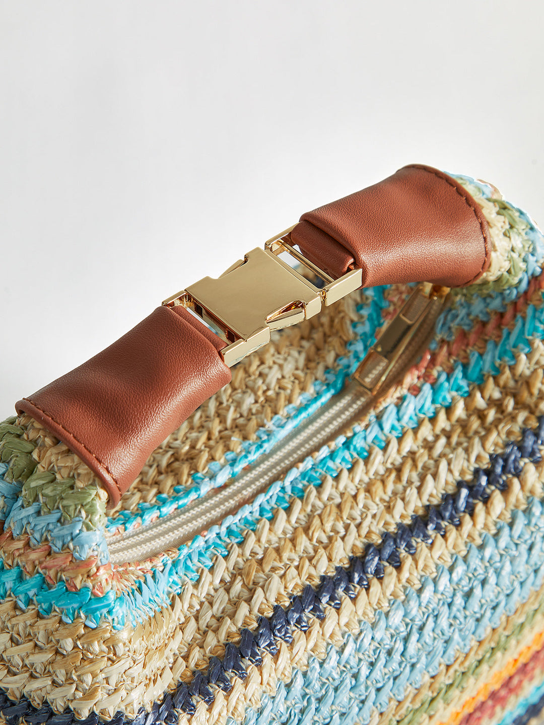 Color-Block Striped Straw Handbag with Leather Strap