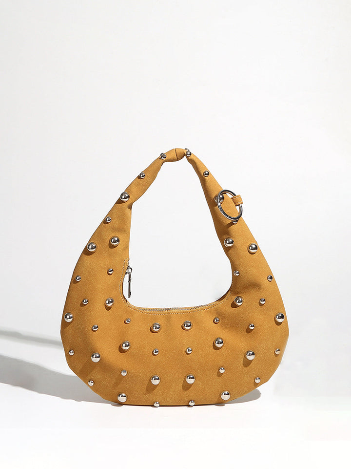 Stud-Embellished Hobo Bag with Zipper Detail