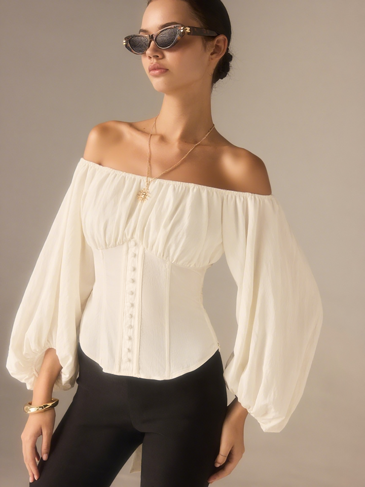 Off-Shoulder Lantern-Sleeve Top with Bow Back