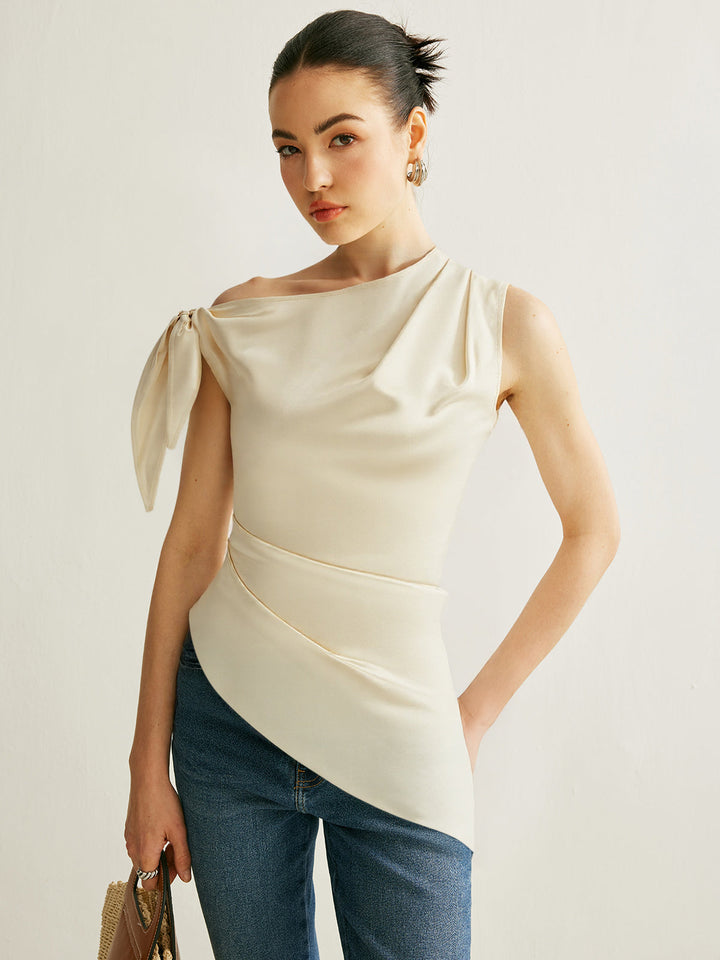 One-Shoulder Asymmetric Hem Top with Bow Detail