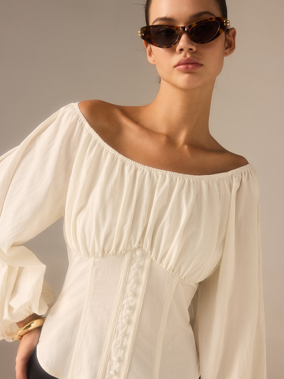 Off-Shoulder Lantern-Sleeve Top with Bow Back