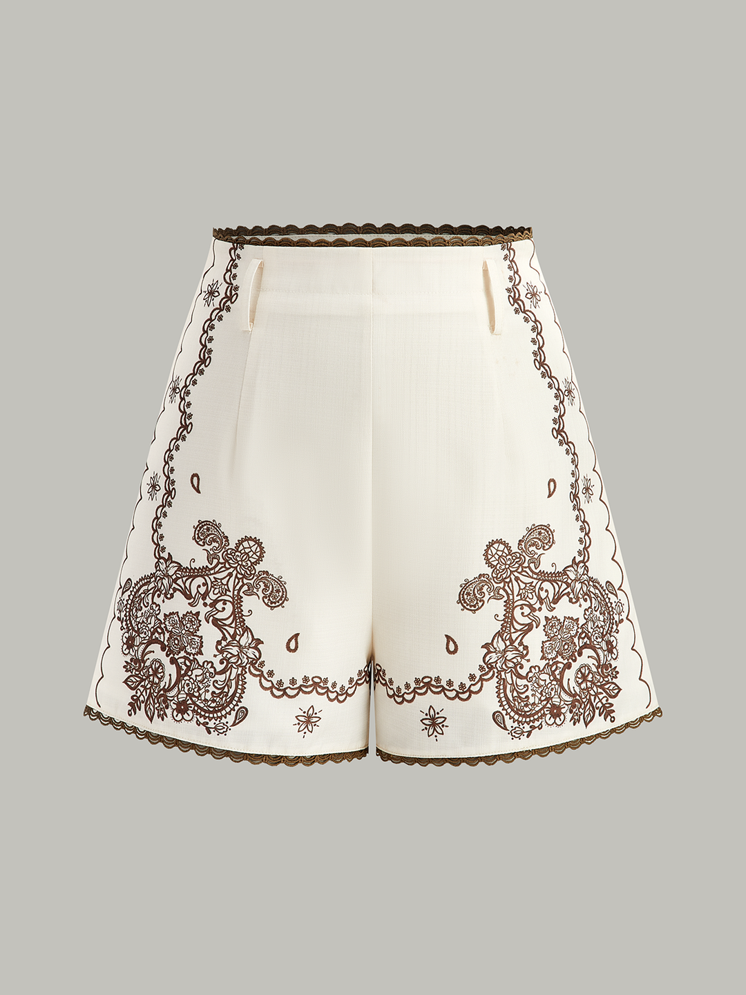 Floral Printed Suit Shorts with Lace Trims and Belt