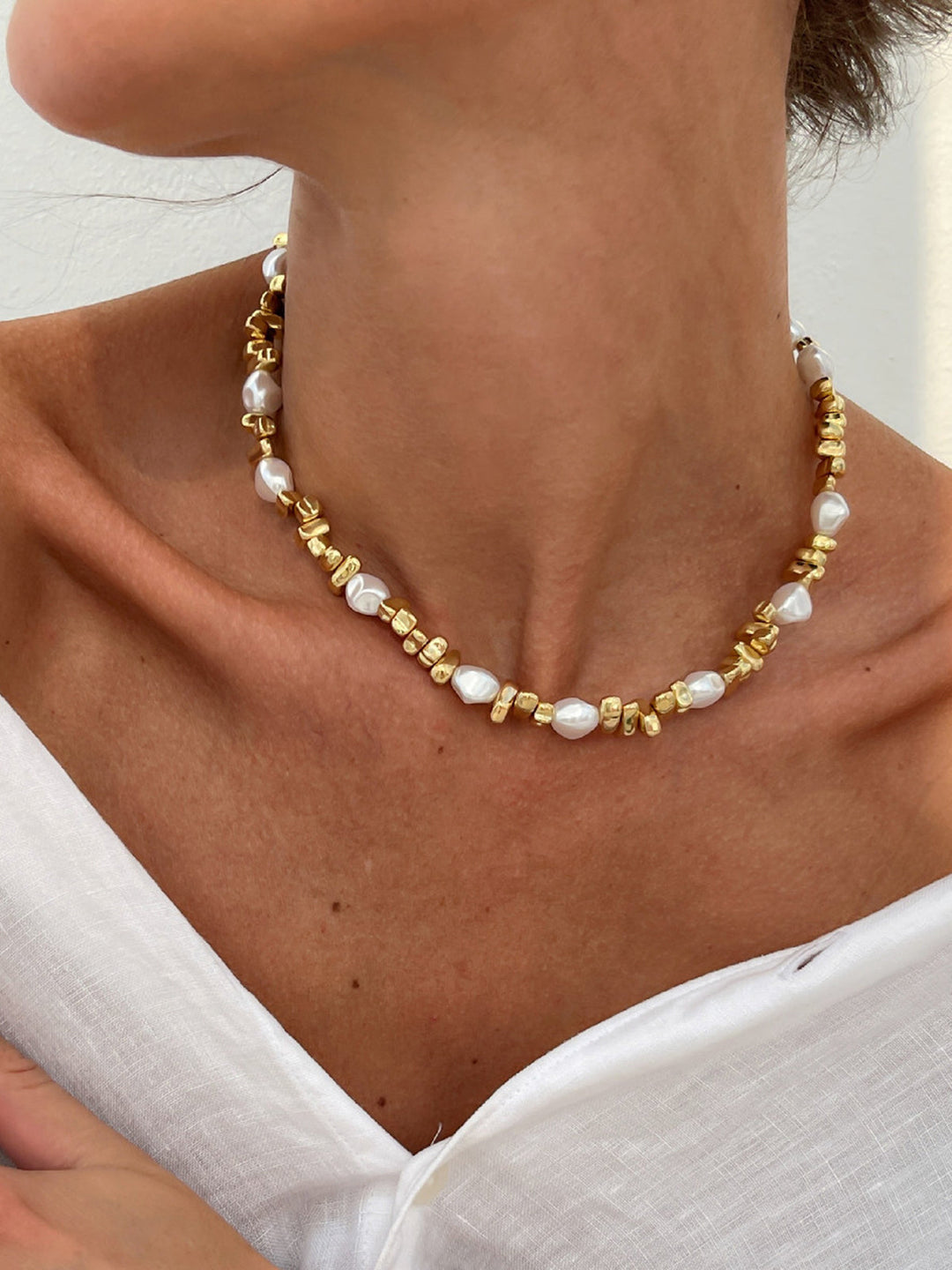 Pearl & Gold Beaded Choker Necklace