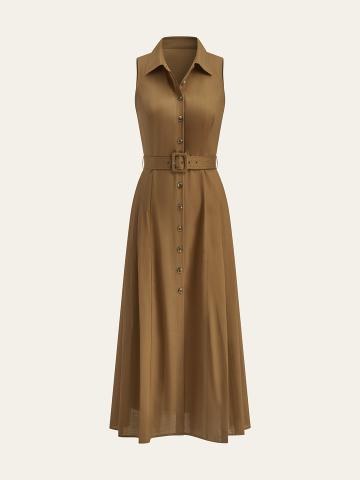Belted Button Sleeveless Maxi Dress