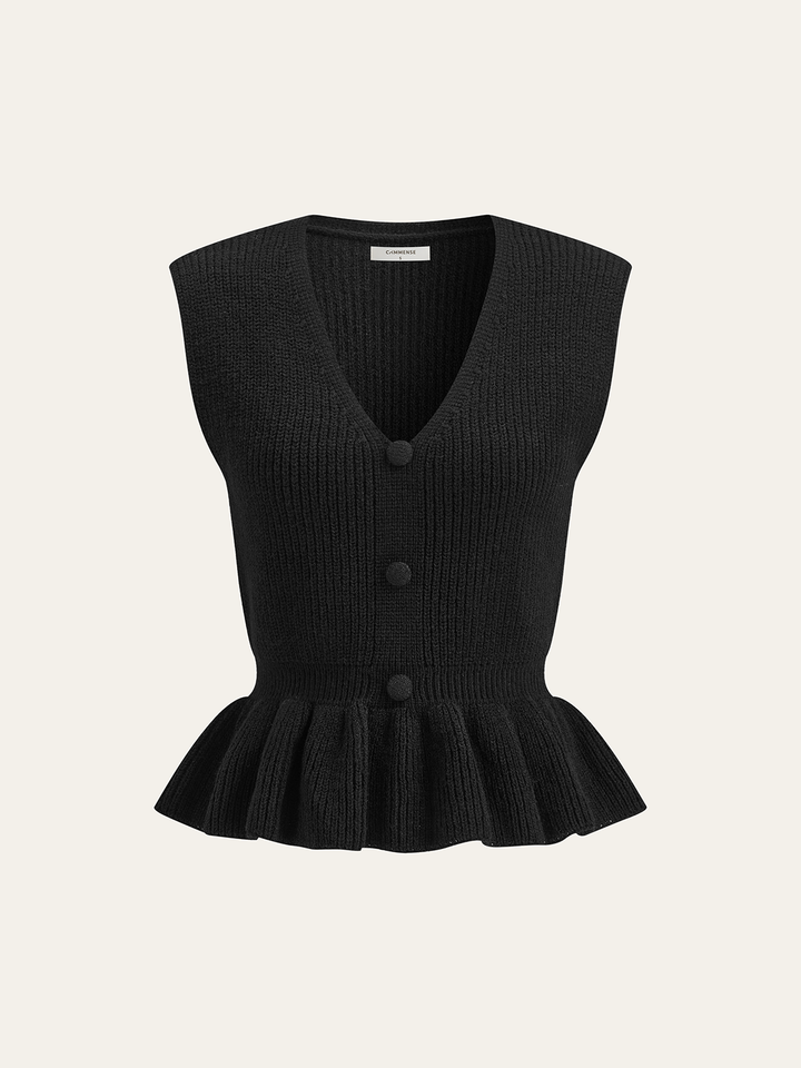 Button V-Neck Knit Peplum Vest