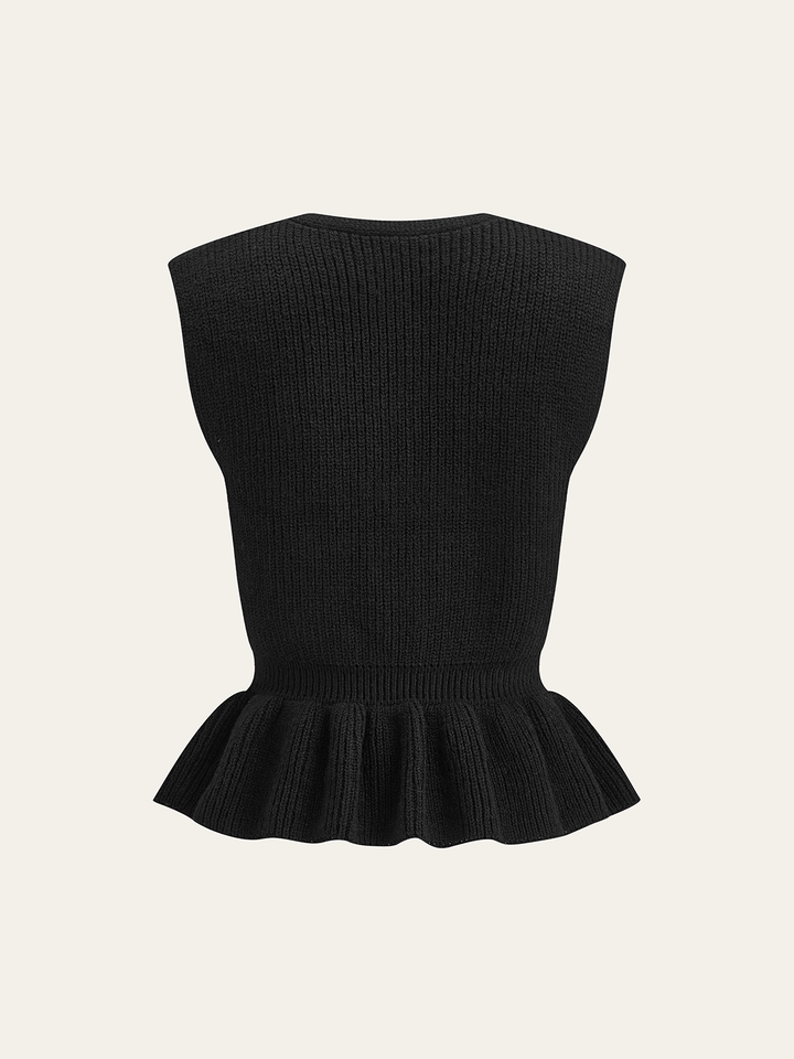 Button V-Neck Knit Peplum Vest