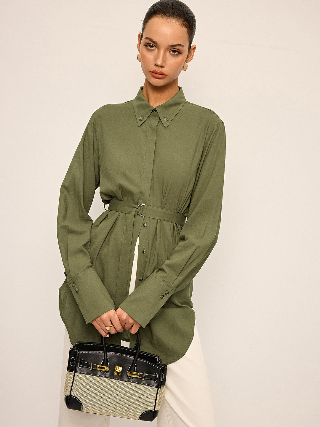 Cotton & Linen Belted Long-Sleeve Shirt