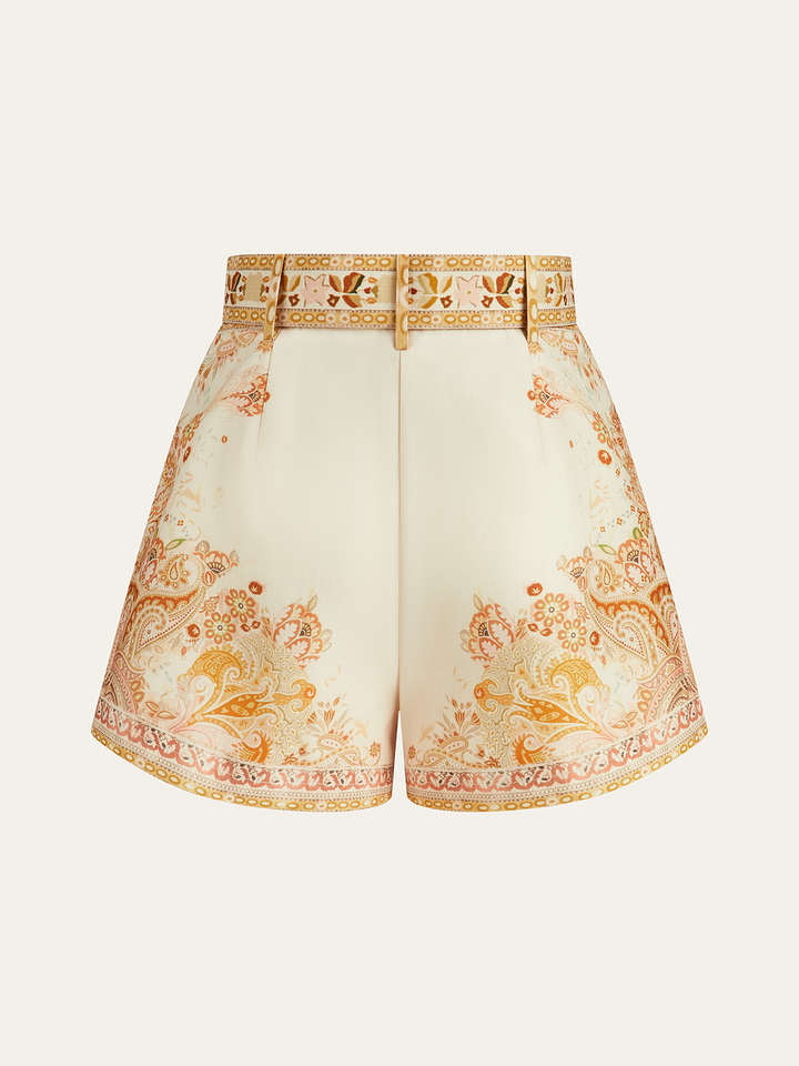 Belted Boho Print Tailored Shorts