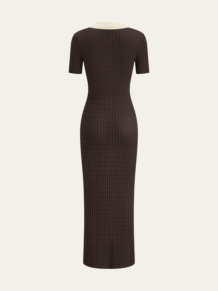 Contrast Collar Cable-Knit Midi Dress
